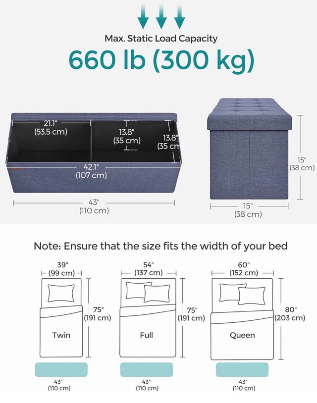 110cm Folding Ottoman Bench - Misty Blue - photo 3