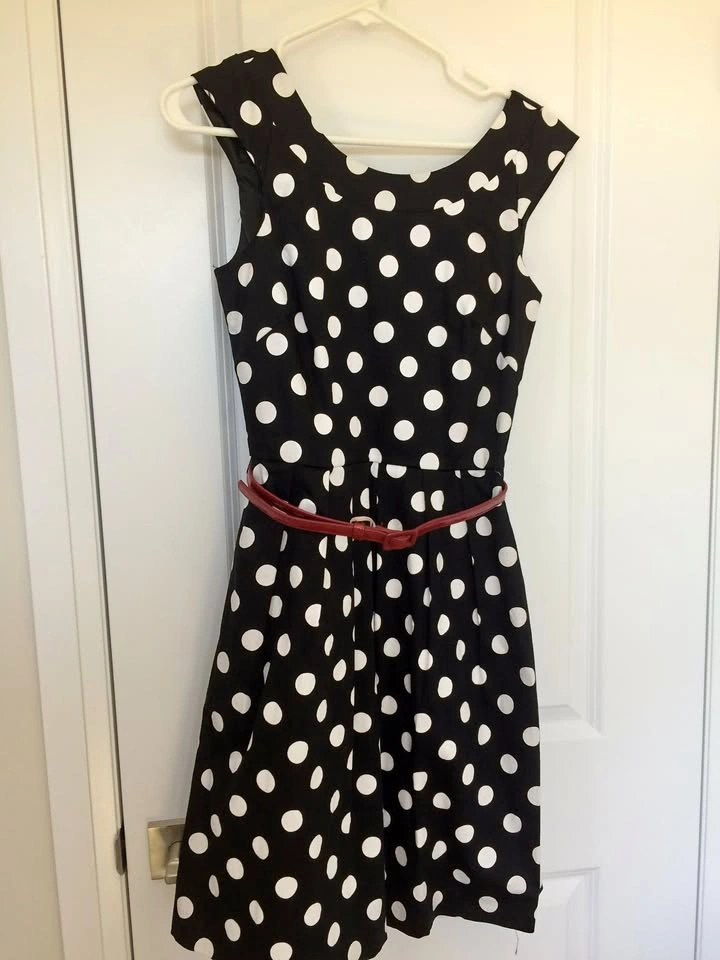 Black and White Polka Dot Dress with Red Belt