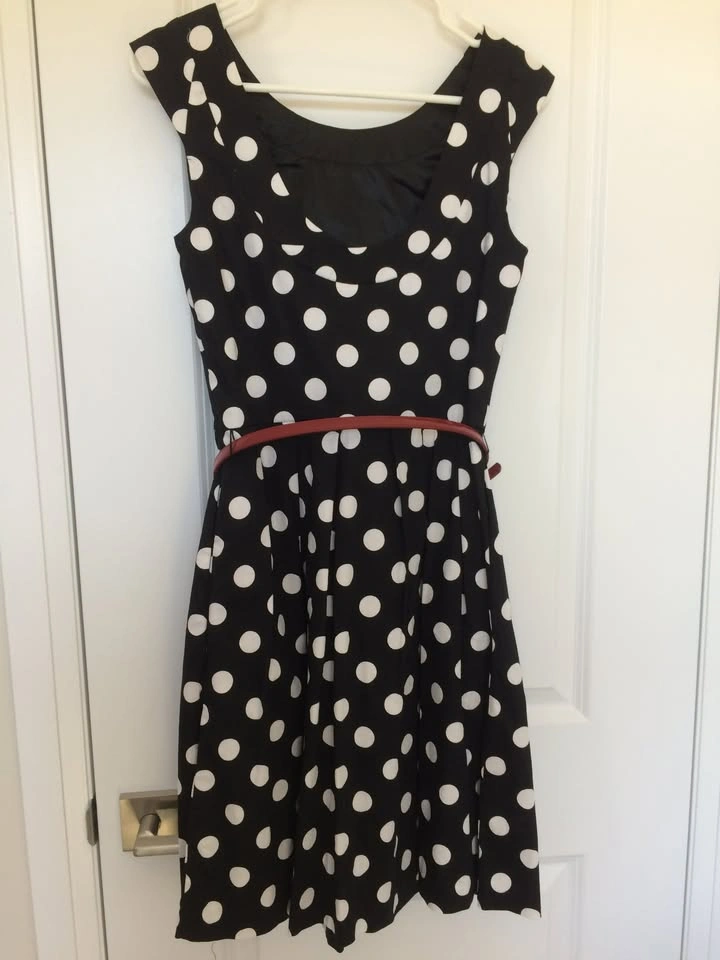 Black and White Polka Dot Dress with Red Belt - photo 2