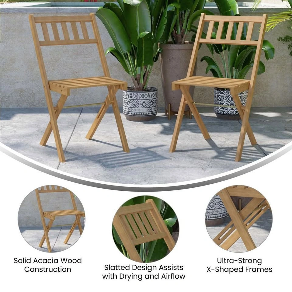 Folding Acacia Wood Patio Bistro Chairs (Set of 2) - photo 2