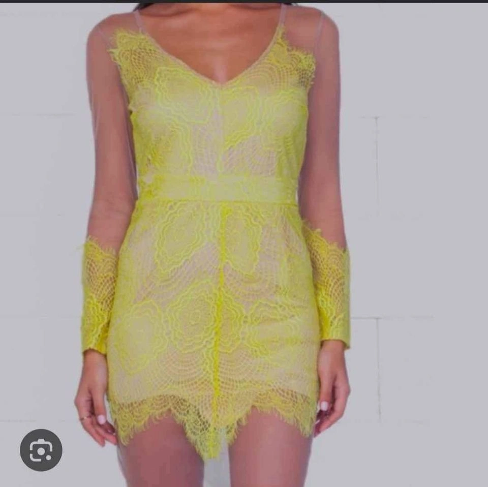 Yellow Mesh Lace Long Sleeve Bodycon Dress - photo 2