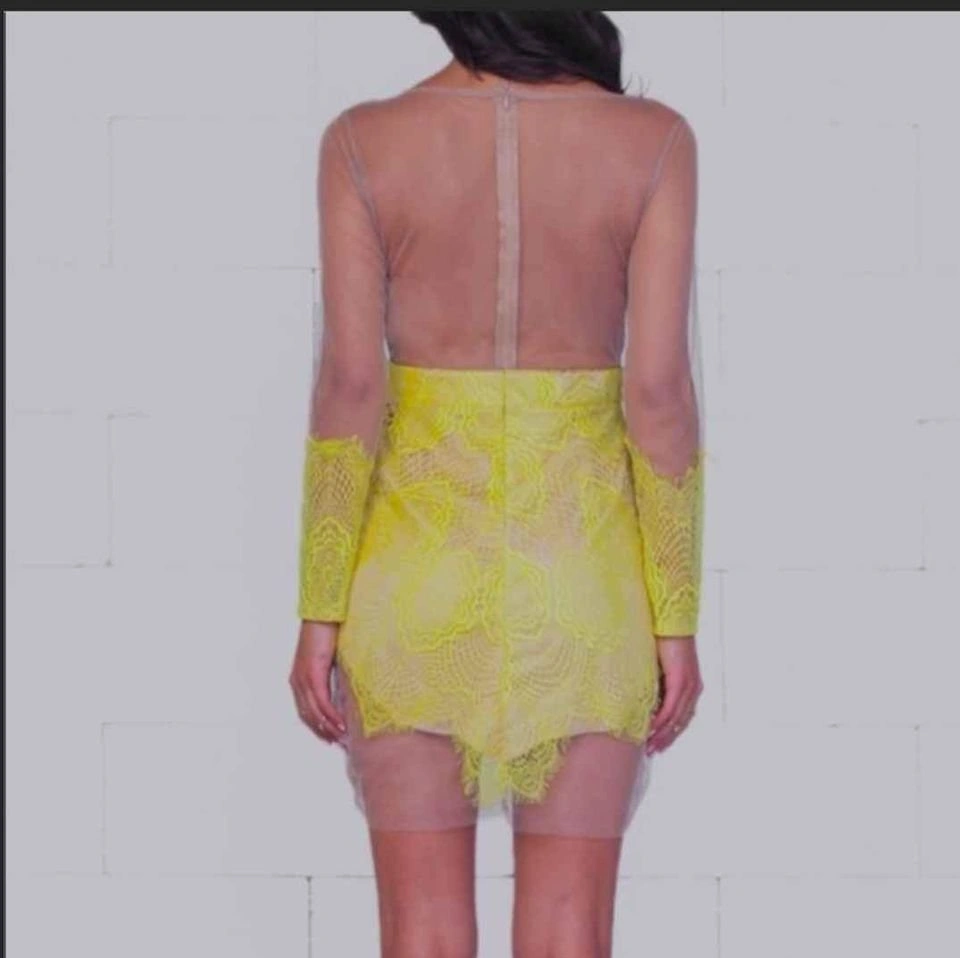 Yellow Mesh Lace Long Sleeve Bodycon Dress - photo 3