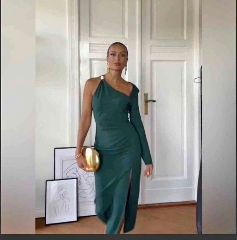 Zara Green Asymmetrical Ruched Sheath Dress - Size S