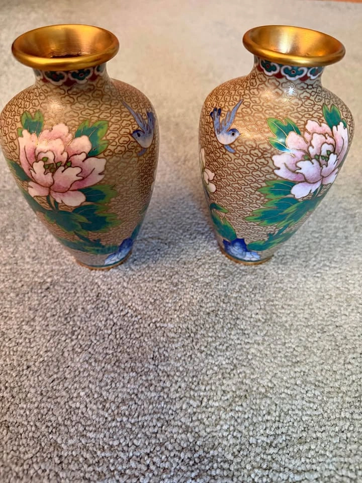 Vintage Enamel Brass Floral & Bird Vase - Set of 2
