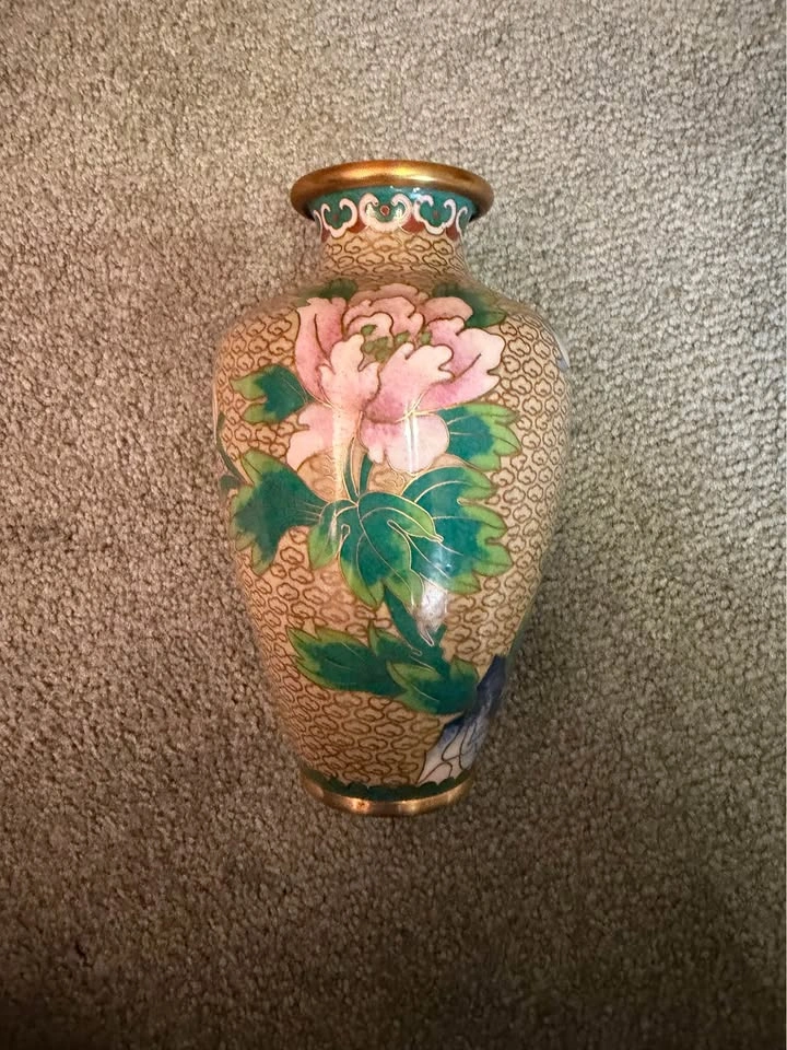 Vintage Enamel Brass Floral & Bird Vase - Set of 2 - photo 2