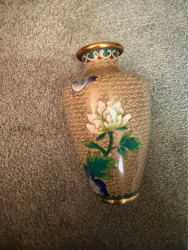 Vintage Enamel Brass Floral & Bird Vase - Set of 2 - photo 3