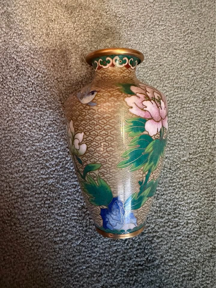 Vintage Enamel Brass Floral & Bird Vase - Set of 2 - photo 4
