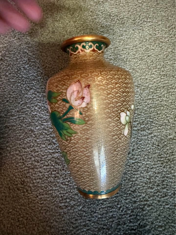 Vintage Enamel Brass Floral & Bird Vase - Set of 2 - photo 5