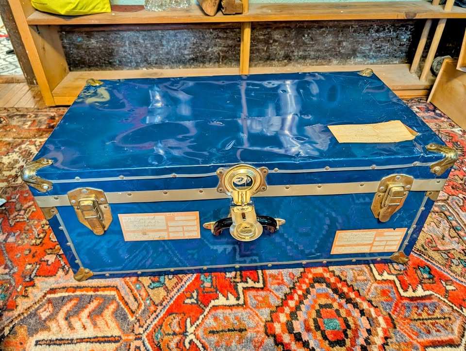 Vintage Blue Steamer Trunk- Frankford, ON tags!