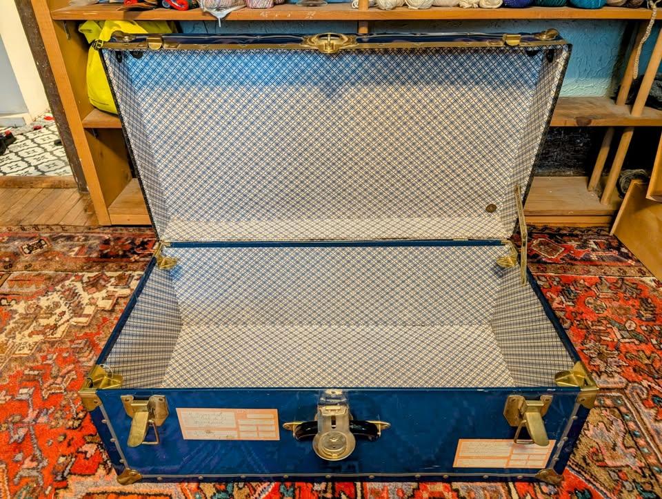 Vintage Blue Steamer Trunk- Frankford, ON tags! - photo 2