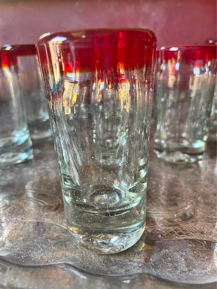 Mexican Hand Blown Red Rim Shot Glasses (2oz)