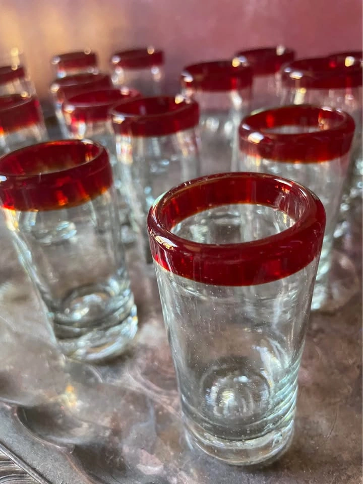 Mexican Hand Blown Red Rim Shot Glasses (2oz) - photo 2