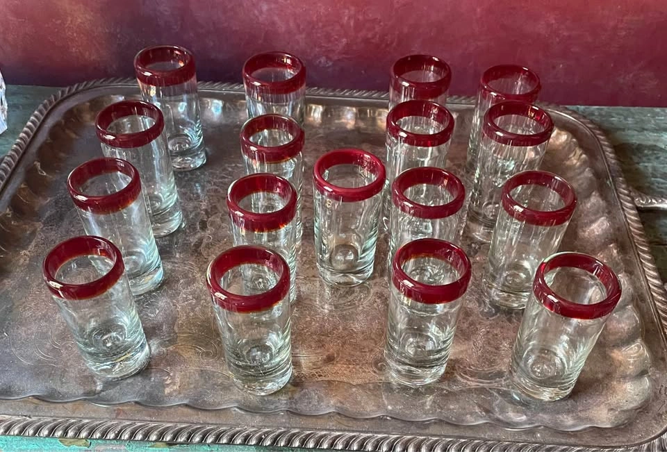 Mexican Hand Blown Red Rim Shot Glasses (2oz) - photo 3