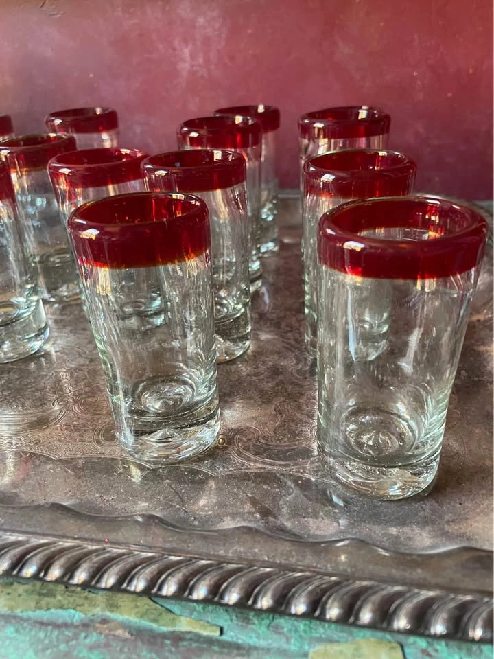 Mexican Hand Blown Red Rim Shot Glasses (2oz) - photo 4