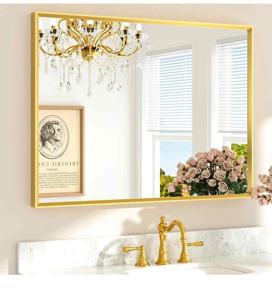 Gold Mirror 40 x 30 Beveled Rectangle Metal Vanity Mirror