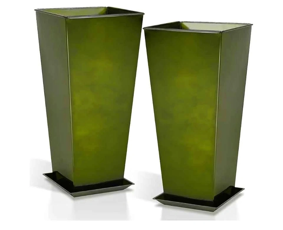 Set of 2 Large 28” Metal Glazed Planters - Glossy Green