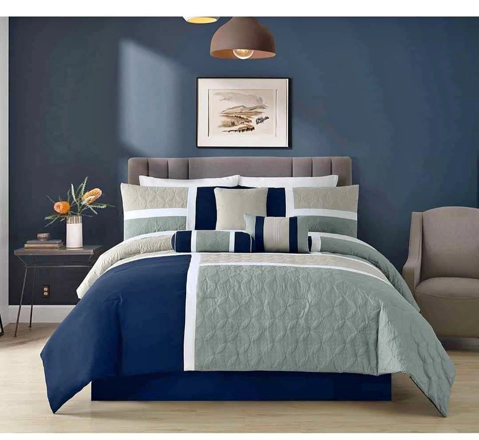 Upland 7-Piece Quilted Patchwork Comforter Set, Navy/Blue/Gray,