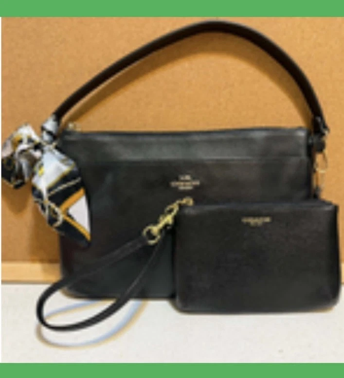 Coach Black Leather Shoulder Bag with Coin Purse & Scarf Accent