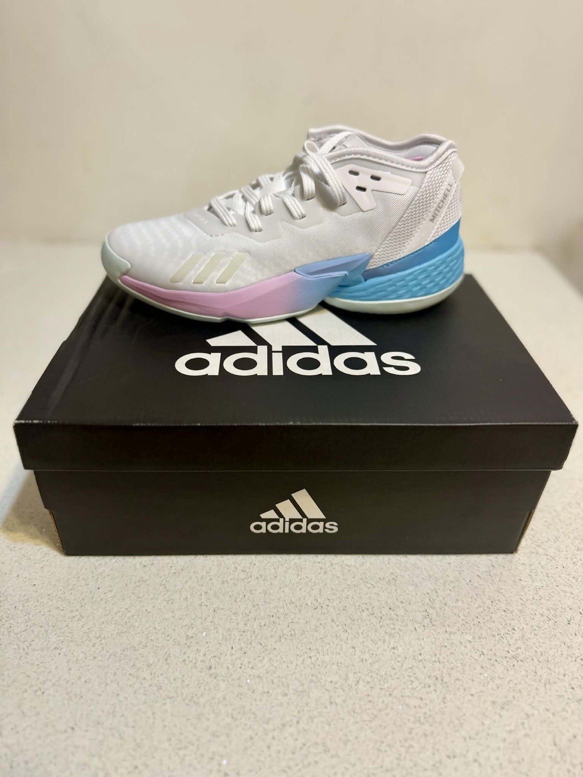 adidas Teens Mid Top Basketball Sneaker Lace-Up White/Blue/Pink