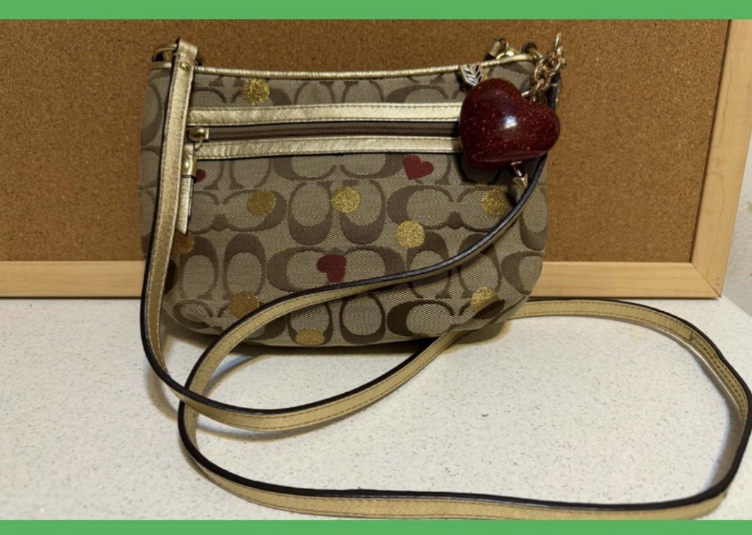 Coach Brown Gold Red Crossbody Bag Logo Heart Charm