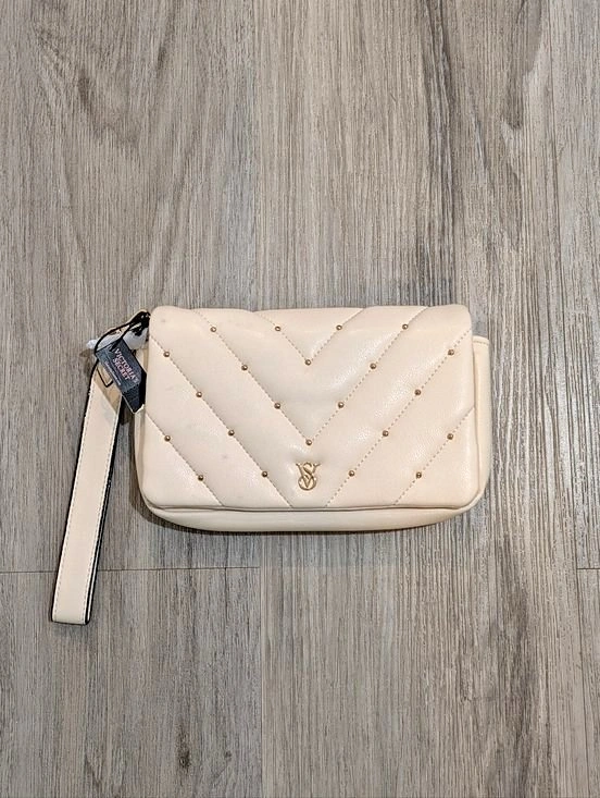 Victoria's Secret Cream Quilted Wristlet Clutch with Gold Studs