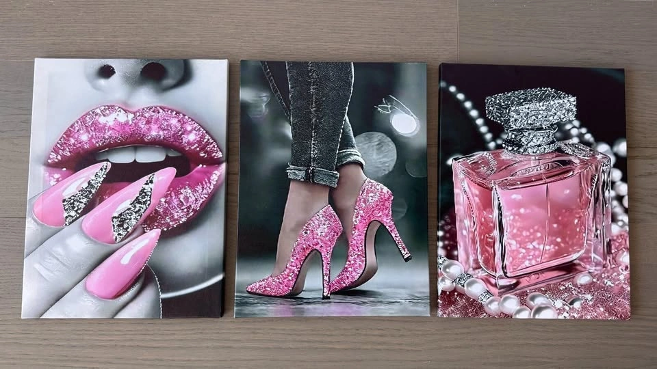 3 Framed Pink Canvas Art Prints 12x16" Modern Decor - photo 2