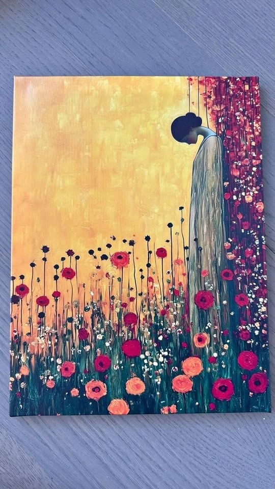 Woman in Poppy Field Canvas Wall Art 12x16" Klimt Style