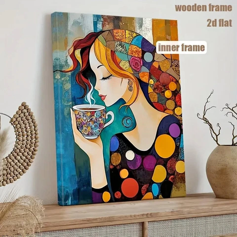12x16" Modern Canvas Wall Art - Woman Coffee Abstract Painting