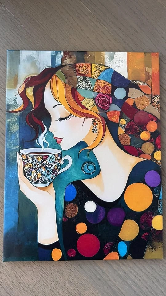 12x16" Modern Canvas Wall Art - Woman Coffee Abstract Painting - photo 2
