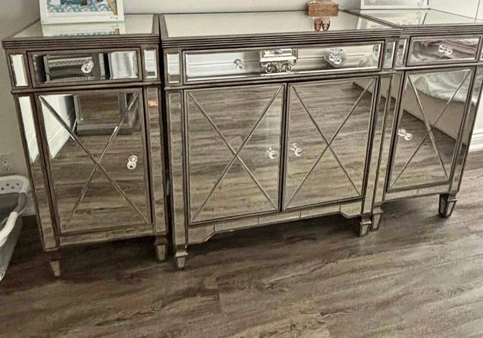 Elegant Mirrored 3-Piece Sideboard / Buffet Cabinet Set