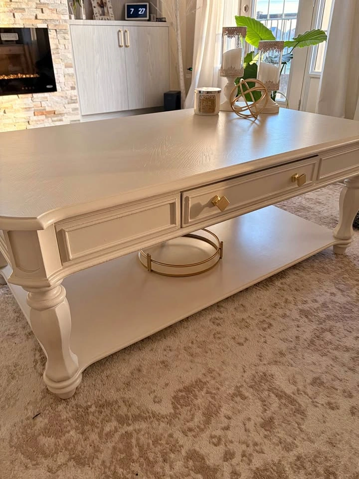 Elegant White Wood Coffee Table with Drawers & Shelf