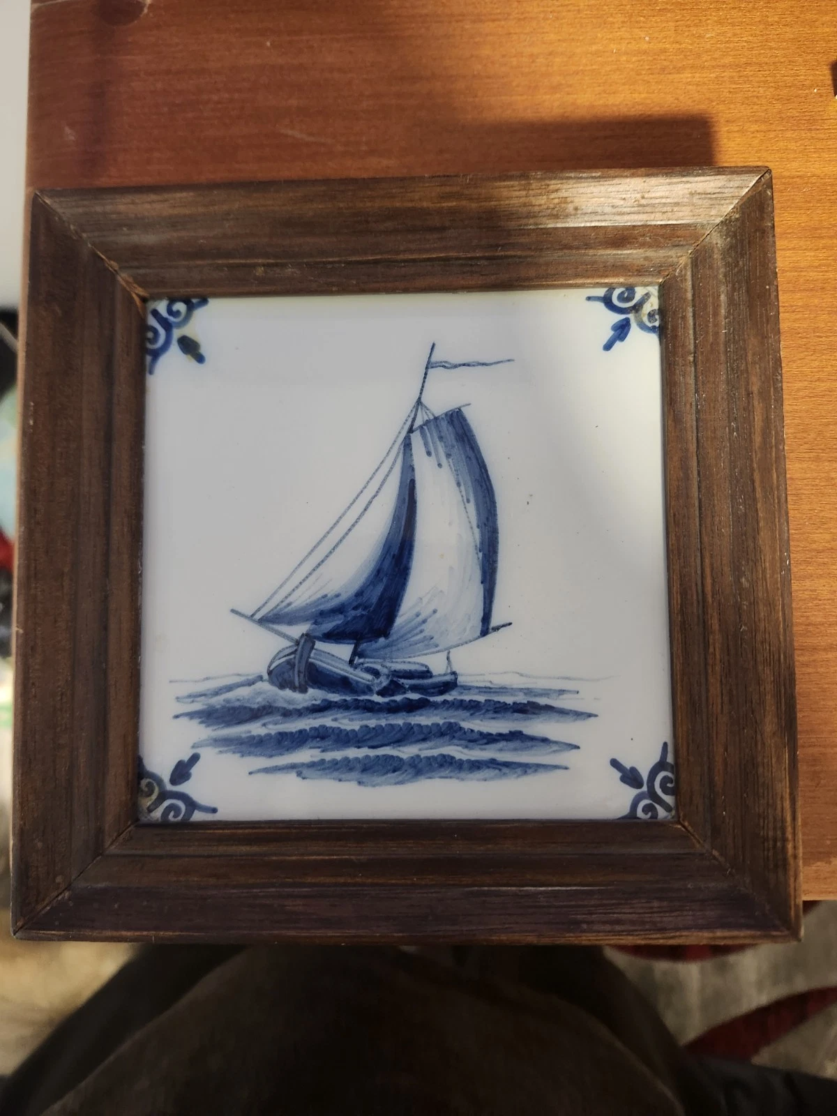 Framed DUTCH TILE Sailboat Blue And White Signed And Dated - photo 3