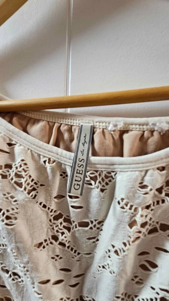 GUESS Cream Distressed Lace Off Shoulder Long Sleeve Crop Top - photo 2