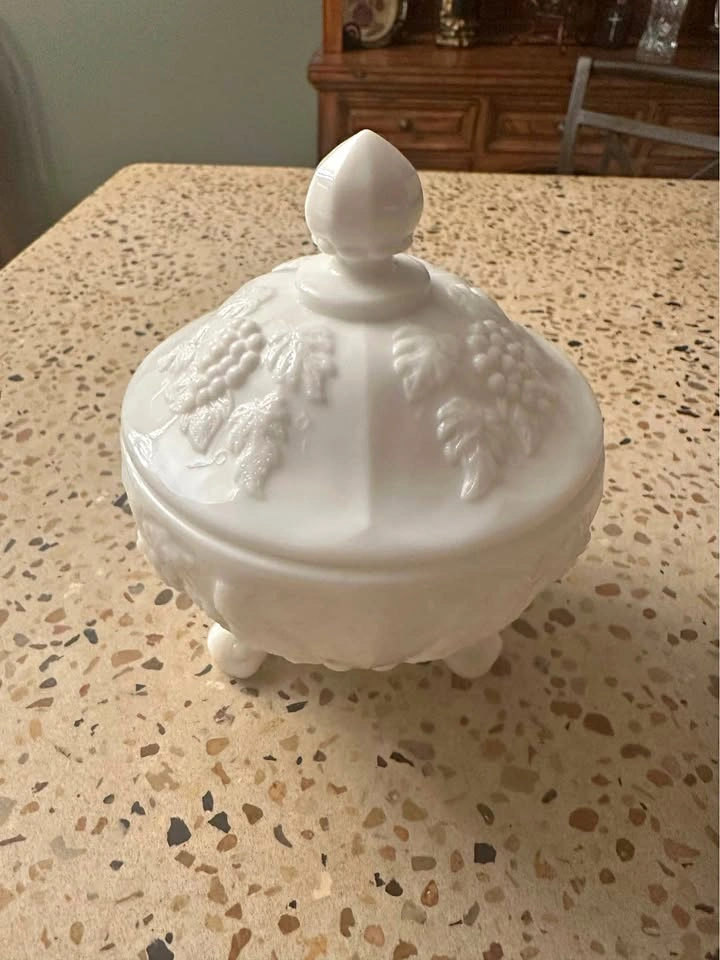 Vintage Milk Glass Grape Pattern Candy Dish with Lid