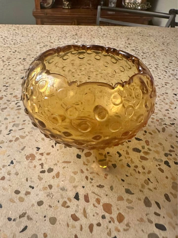 Vintage Amber Hobnail Glass Footed Bowl