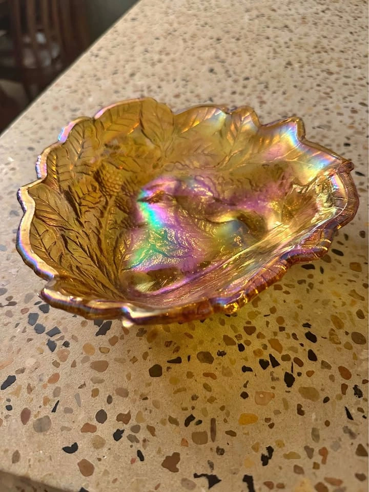 Vintage Marigold Carnival Glass Leaf and Grape Bowl