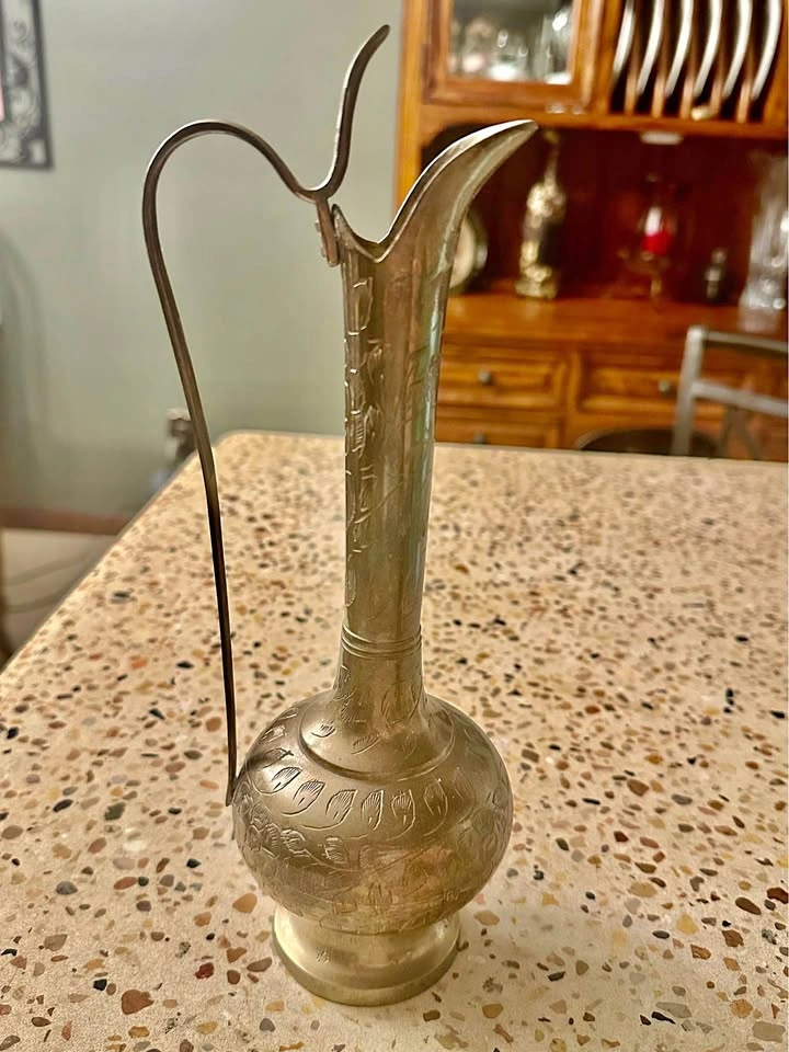 Vintage Etched Brass Pitcher Ewer