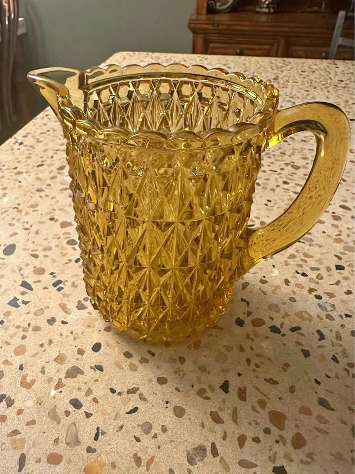 Vintage Amber Diamond Point Glass Pitcher