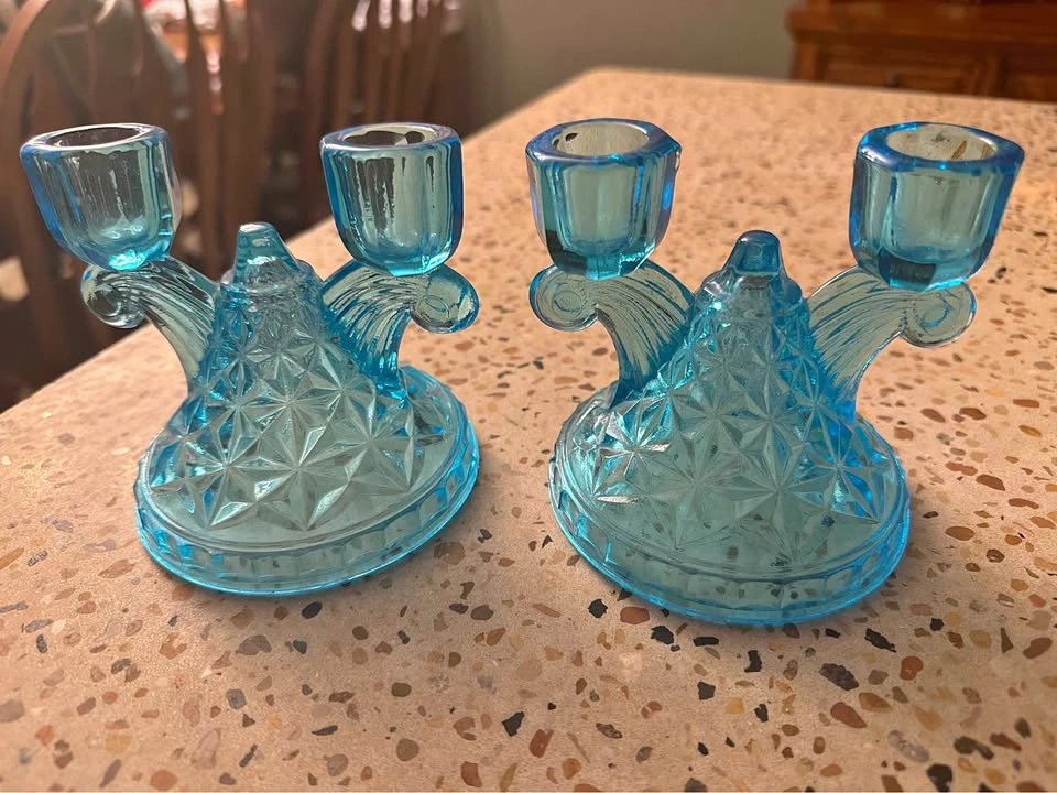 Vintage Blue Glass Double Candle Holders Pair
