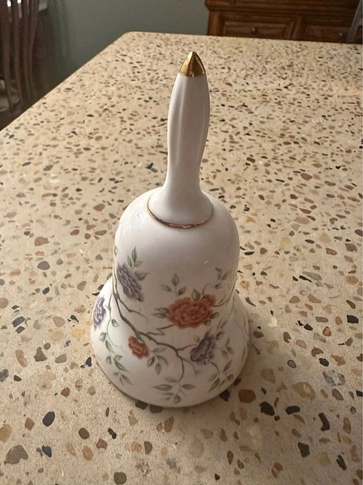 Vintage Floral Porcelain Bell with Gold Trim