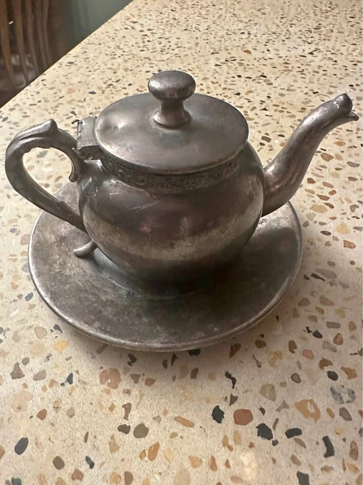 Vintage Metal Teapot with Matching Saucer
