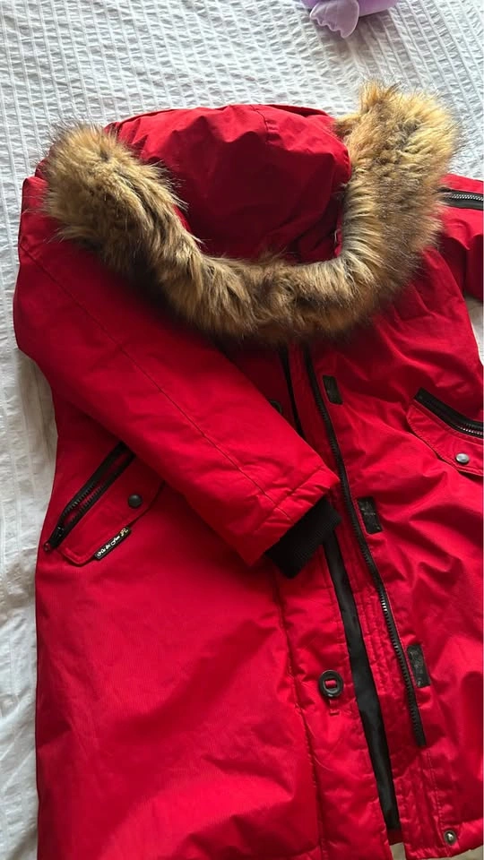 Red Winter Parka Jacket with Fur Hood - Like New - photo 2