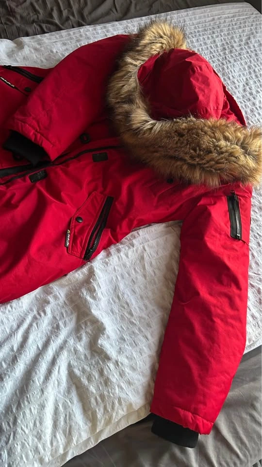 Red Winter Parka Jacket with Fur Hood - Like New - photo 3