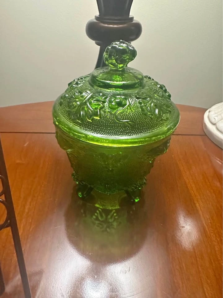 Vintage Green Glass Footed Candy Dish with Lid
