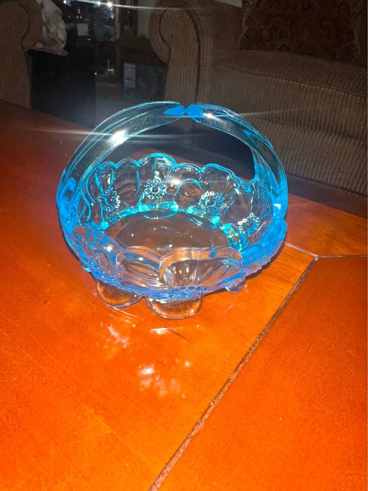 Vintage Blue Glass Floral Basket Candy Dish