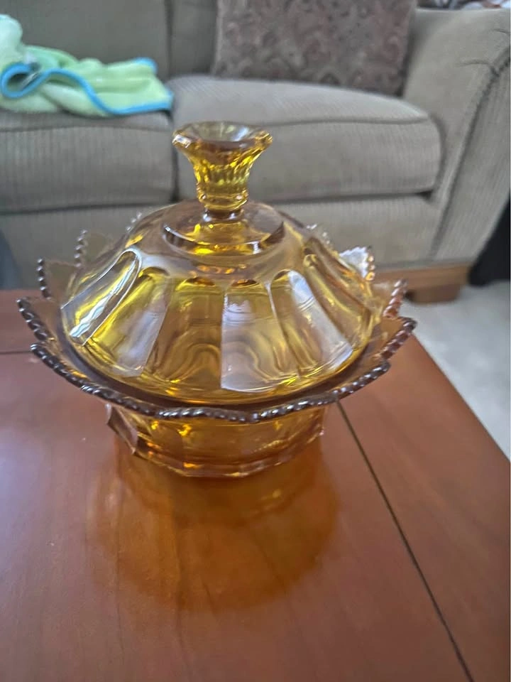 Vintage Amber Glass Candy Dish with Lid