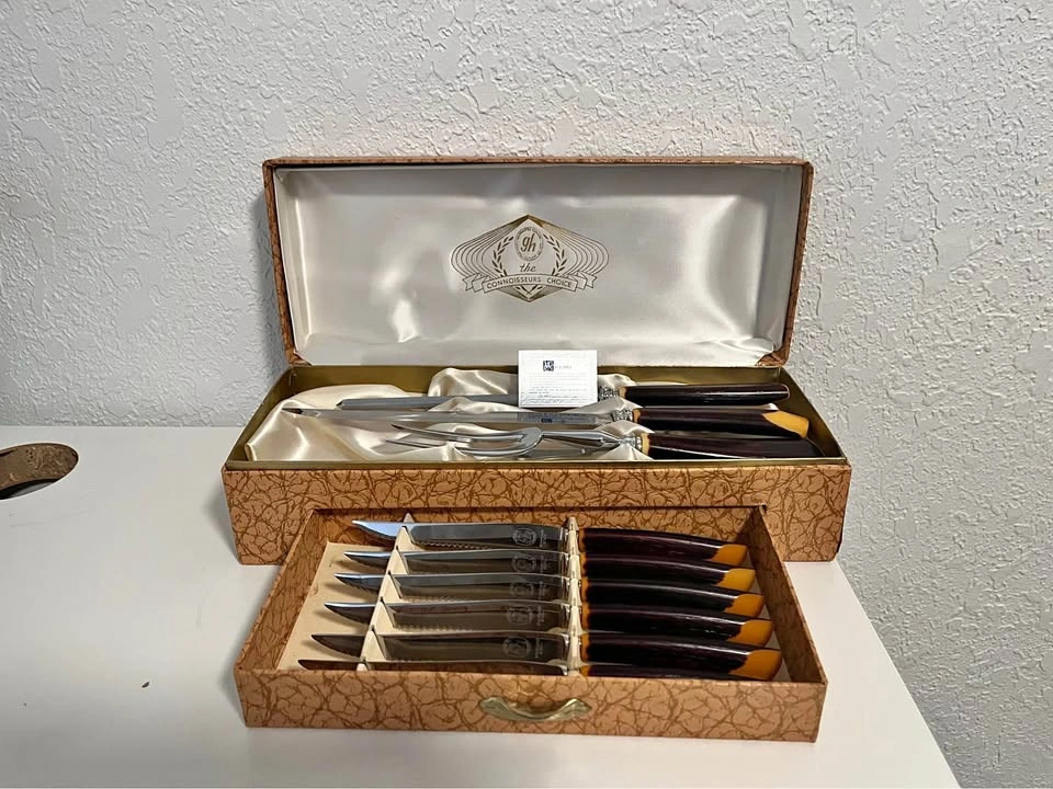 Vintage 9 Pc Glo-Hill Cutlery Carving Set 6 Steak Knifes