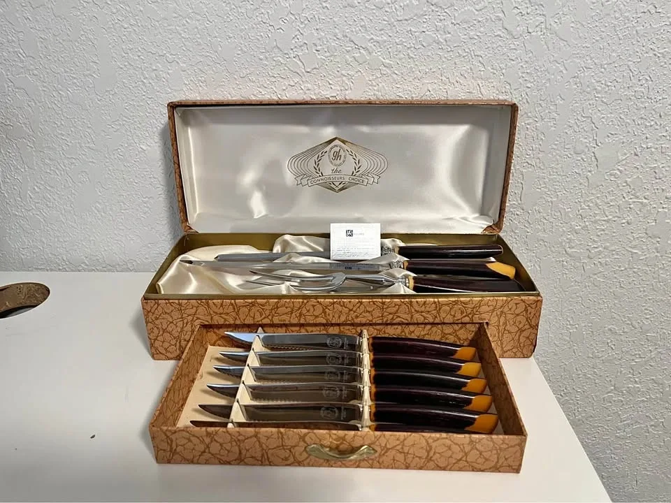 Vintage 9 Pc Glo-Hill Cutlery Carving Set 6 Steak Knifes