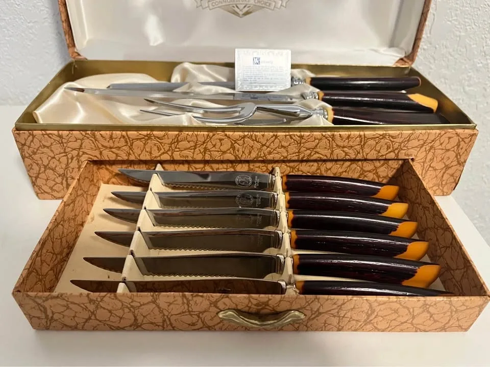 Vintage 9 Pc Glo-Hill Cutlery Carving Set 6 Steak Knifes - photo 2