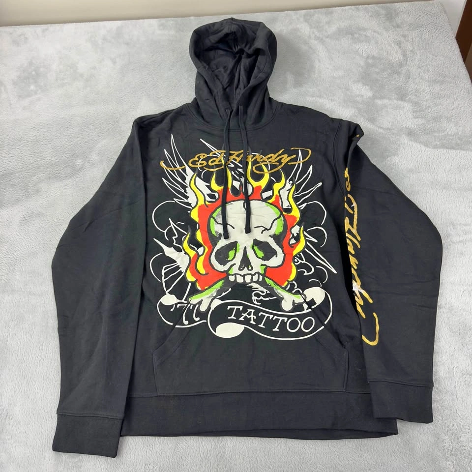 Ed Hardy Men's Black Fleece Hoodie - Large